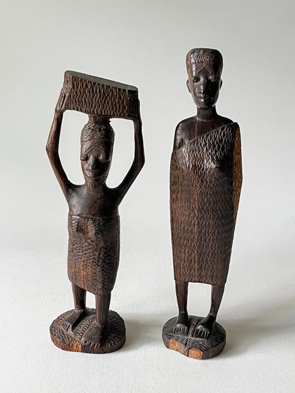 Pair Vintage African Hand-Carved Hardwood Female Figures Makonde Style Folk Art